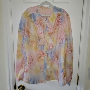 Vintage Blouse S/M Pastel Floral Multicolor Ruffle Button Front Tie Neck No Tags